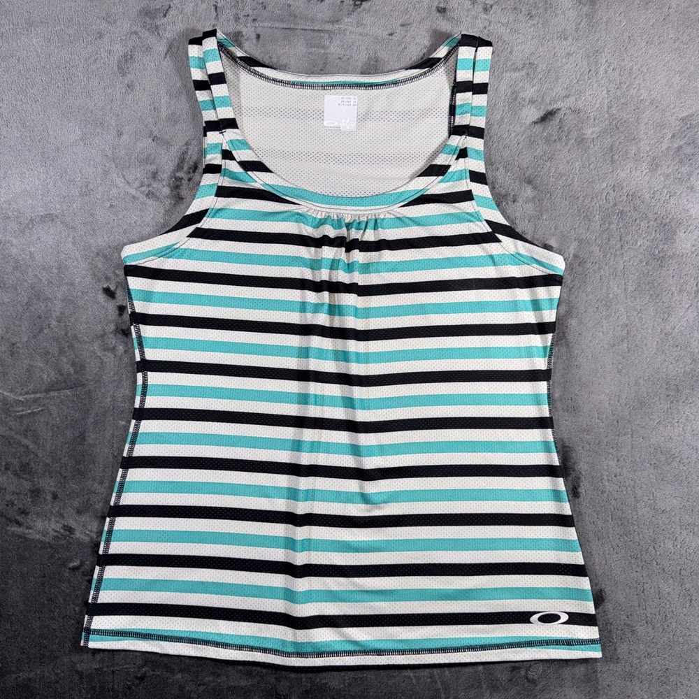Oakley Womens XL Striped Activewear Tank Top Teal Black White Mesh Breathable